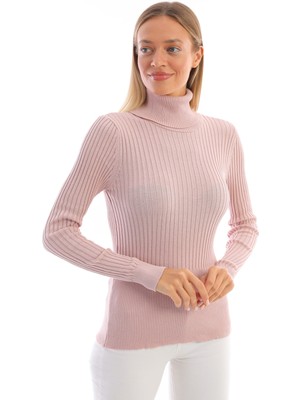 Pinpery Kadın Pembe Fitilli Triko Boğazlı Balıkçı Yaka Kazak %100 Pamuk Triko