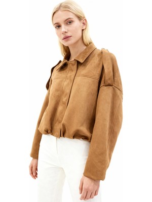 Rays Taba Süet Görünümlü Bel Lastikli Gömlek Yaka Kadın Ceket 60538