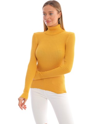 Pinpery Kadın Hardal Fitilli Triko Boğazlı Balıkçı Yaka Kazak %100 Pamuk Triko