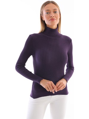 Pinpery Kadın Mor Fitilli Triko Boğazlı Balıkçı Yaka Kazak %100 Pamuk Triko