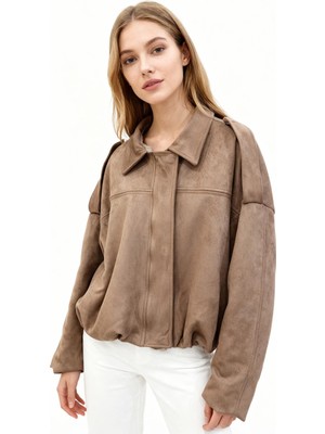 Rays Vizon Süet Görünümlü Bel Lastikli Gömlek Yaka Kadın Ceket 60538