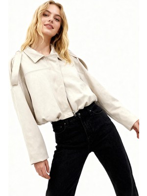 Rays Açık Bej Süet Görünümlü Bel Lastikli Gömlek Yaka Kadın Ceket 60538