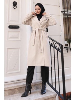 Bej Renkli Kuşaklı Kaşe Kaban 19271 Kadın Örme Kumaş ve Astarlı Tasarım