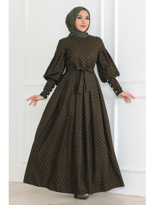 Kemerli Puantiyeli Elbise Haki 6120