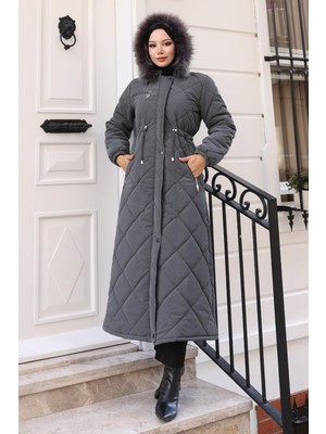 Fermuarlı Kapşonlu Kapitone Mont Gri 19277