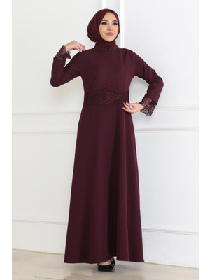 Dantel Detaylı Elbise Mürdüm 6117