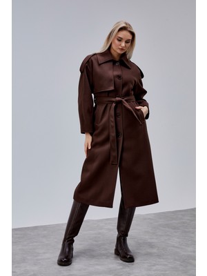 Bolivente Marvella Acı Kahve Premium Apoletli Rüzgarlık Detaylı Kaşe Kaban