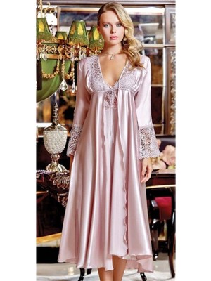 Jeremi Çeyizlik Ipek Saten Dantelli Uzun 6'lı Kadın Gecelik-Sabahlık Takım - Pudra