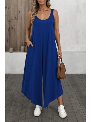 Bosel Kadın Askılı Yuvarlak Yaka Cepli Salaş Uzun Viskon Tulum