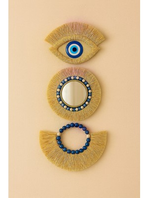 Elioure Bohem El Yapımı Nazar Boncuğu Detaylı Doğal Rafya Duvar Süsü – Ayna ve Boncuk Dekor Seti