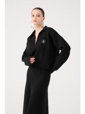 Holly Lolly Oversize Kesim Polo Yaka Zoi Triko Kazak Siyah