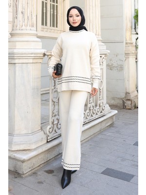 Moda Mihram Şerit Detaylı Triko Takım Beyaz 6151