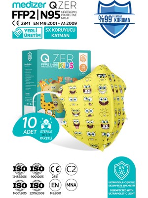 Medizer Qzer Sarı Sünger Desenli Ffp2 N95 Maske 5 Katmanlı 10 Adet