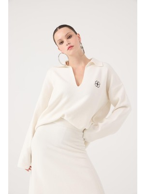 Holly Lolly Oversize Kesim Polo Yaka Zoi Triko Kazak Beyaz