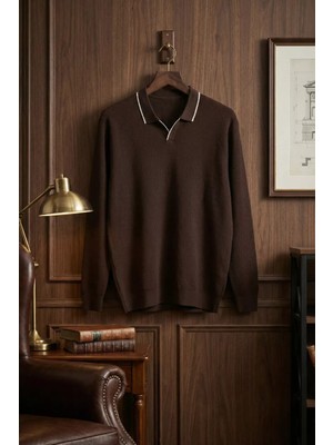 Erkek Polo Yaka Kendinden Çizgi Desenli Triko Kazak P-00019159