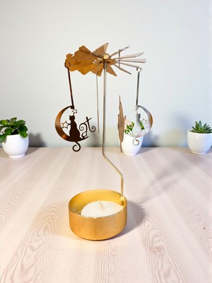 Hediye Fikri Altın Renkli Dönen Metal Mumluk Mutlu Kedi Tasarımlı Isı ile Dönen Dilek Çanı