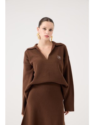 Holly Lolly Oversize Kesim Polo Yaka Zoi Triko Kazak Kahve