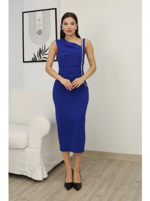 Lodmela Taş ve Pile Detaylı Asimetrik Yaka Elbise 2230-SAKS