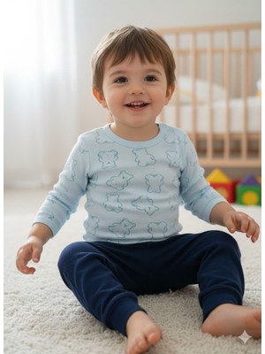 Şimo Butik Kız Erkek Çocuk Bebek Uzun Kollu Çıtçıtlı Body-Badi %100 Organik Pamuk 3.5-4-5-6 Yaş Ayı Vücut Mavi