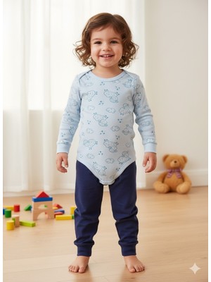 Şimo Butik Kız Erkek Çocuk Bebek Uzun Kollu Çıtçıtlı Body-Badi %100 Organik Pamuk 3.5-4-5-6 Yaş Koyun Orta Mavi
