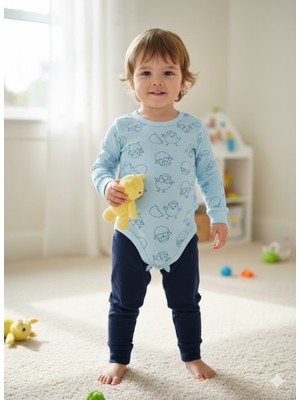 Şimo Butik Kız Erkek Çocuk Bebek Uzun Kollu Çıtçıtlı Body-Badi %100 Organik Pamuk 3.5-4-5-6 Yaş Civciv Mavi