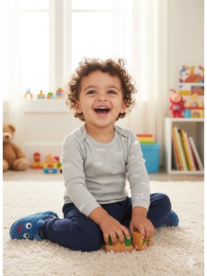 Şimo Butik Kız Erkek Çocuk Bebek Uzun Kollu Çıtçıtlı Body-Badi %100 Organik Pamuk 3.5-4-5-6 Yaş Kaplumbağa Gri