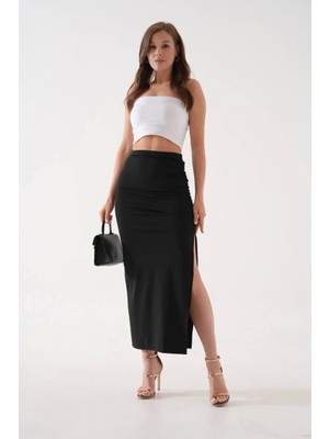 Virtustore Uzun Yırtmaçlı Ince Kumaş Etek Siyah