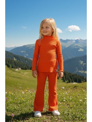 Luess Kız Çocuk Fitilli Oranç Balıkçı Yaka Bluz Tayt Takım