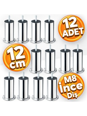 Badem10 (12 Cm 12 Adet) Mobilya Kanepe Koltuk Baza Yatak Çekyat Yükseltme Ayağı M8 Ince Diş Metal Ayakları