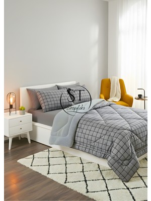 Çift Kişilik Gri Kare Welsoft Yorgan Çift Taraflı 195X215