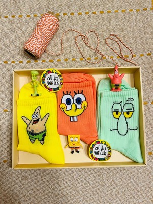 Al Bi 90'lık Al Bi 90Lık 3'lü Patrick, Squidward ve Sünger Desenli Kolej Set Çorap