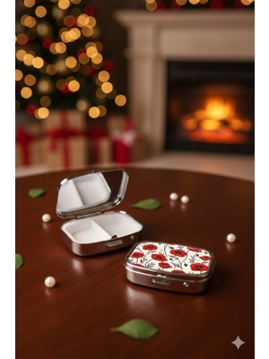 Kırmızı Gelincik Desenli Aynalı Metal Hap ve Takı Kutusu - Minimalist Çiçekli Cep Organizeri