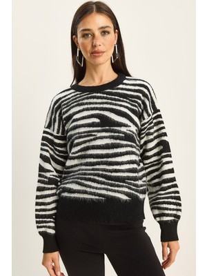 Shade Kadın Zebra Desenli Bisiklet Yaka Şardonlu Triko Kazak