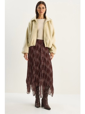 Shade Kadın Ekose Desenli Kırışık Efektli Astarlı Midi Şifon Etek