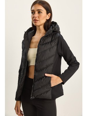 Shade Kadın Kapüşonlu Fermuarlı Garnili Slim Fit Şişme Mont