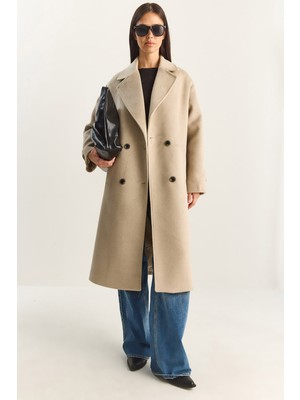 Shade Kadın Kruvaze Yaka Astarlı Oversize Uzun Kaşe Kaban