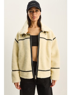 Shade Kadın Suni Deri Biye Detaylı Cepli Teddy Biker Ceket