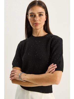 Shade Kadın Bisiklet Yaka Pul Detaylı Yaldızlı Kısa Kollu Basic Triko Bluz