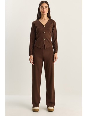 Shade Kadın V Yaka Düğme Aksesuarlı Selanik Alt-Üst Takım