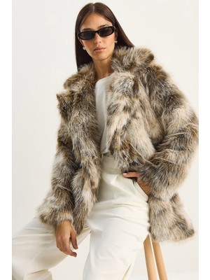 Shade Kadın Desenli Yakalı Astarlı Ara Boy Suni Kürk Kaban