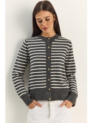 Shade Kadın Gold Düğme Detaylı Ince Çizgili Bisiklet Yaka Triko Hırka