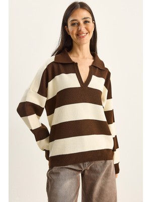Shade Kadın Polo Yaka Çizgili Triko Kazak