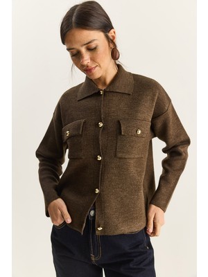 Shade Kadın Gold Düğme Detaylı Cepli Triko Hırka