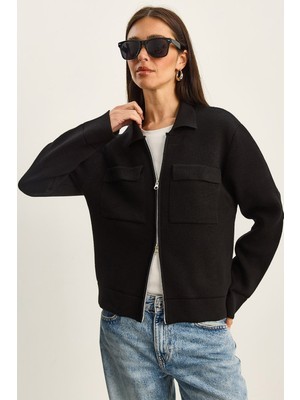 Shade Kadın Çift Cep Detaylı Fermuar Kapamalı Triko Ceket Hırka
