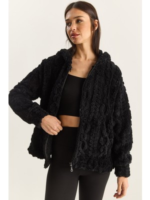 Shade Kadın Kendinden Desenli Cep Detaylı Fermuarlı Kapüşonlu Peluş Hırka