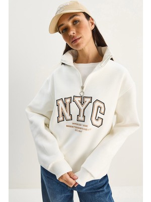 Shade Kadın Nyc Nakış Işlemeli Yakası Fermuarlı Üç Iplik Şardonlu Oversize Sweatshirt