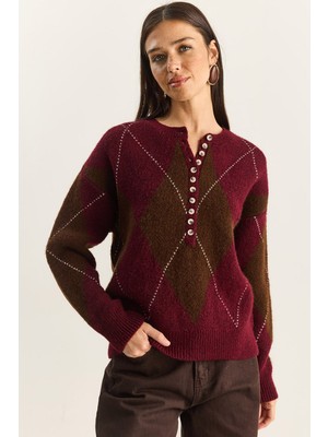 Shade Kadın 11 Düğmeli Baklava Desenli Basic Triko Kazak