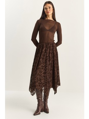 Shade Kadın Kadife Desenli Astarlı Asimetrik Kesim Beli Lastikli Midi Etek