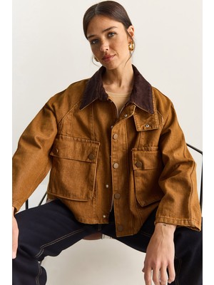 Shade Kadın Kontrast Kadife Yaka Detaylı Büyük Cepli Gabardin Oversize Denim Ceket