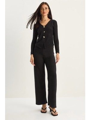 Shade Kadın V Yaka Düğme Aksesuarlı Selanik Alt-Üst Takım